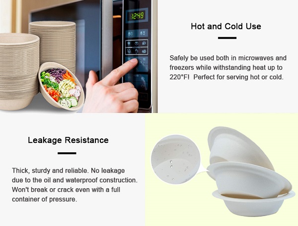 Disposable sugarcane fiber bowls are microwave and refrigerator safe, and leak-proof.