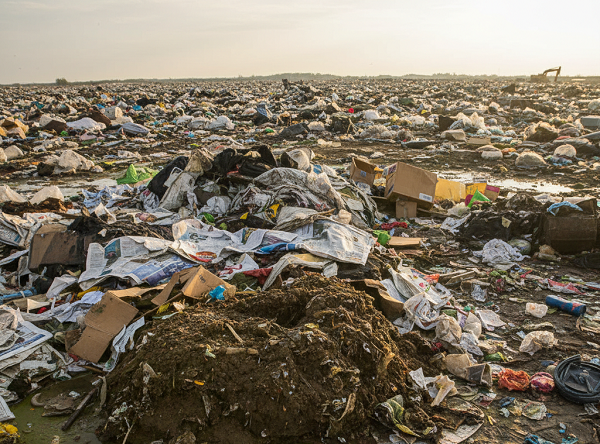 The landfill contains various types of waste, including recyclable paper products.