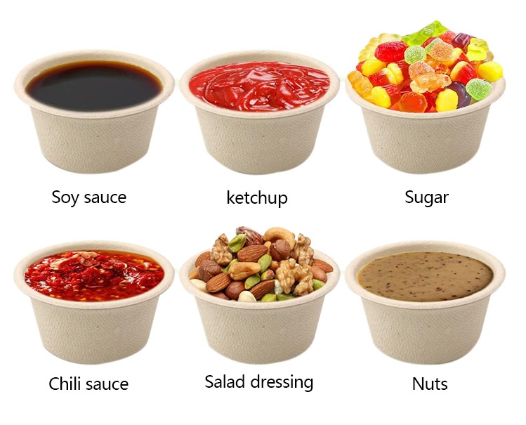 Small disposable bowls hold foods like sauces and desserts.