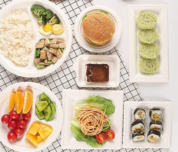 Various styles of compostable food packaging, including 3 compartments of food trays, appetizer dishes, etc.