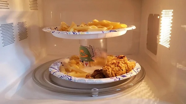A double layer of plates in the microwave.