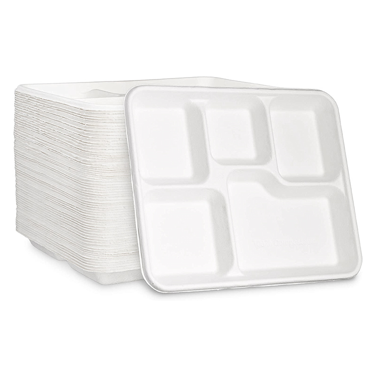 5 Compartment 10" Sugarcane Disposable Food Tray