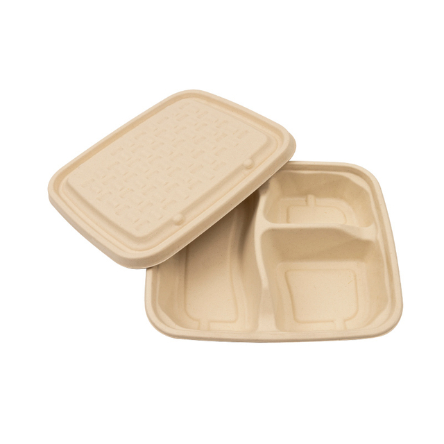Biodegradable 3 Compartment Natural Sugarcane Food Tray with Lid