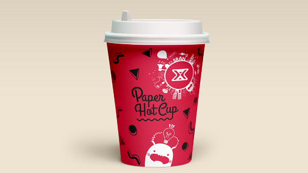 A pink colored coffee cup with Paper Hot cup written on it
