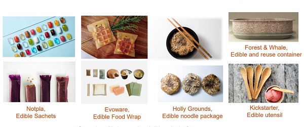 A variety of edible food packaging including edible utensil, edible container, and edible food wrap.