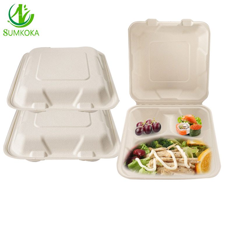 Compostable 3 Compartment Sugarcane Food Packaging Container
