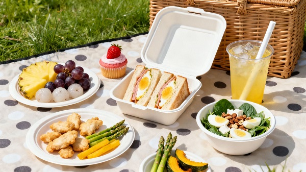 Picnic-use sugarcane bagasse products, including sugarcane bagasse sandwich boxes and fruit plates.jpg