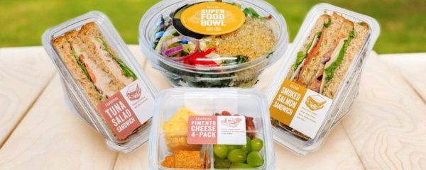 Clamshell containers containing different food items