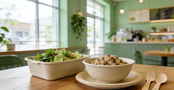 compostable foodservice packaging, disposable wood cutlery kit and bowls.png