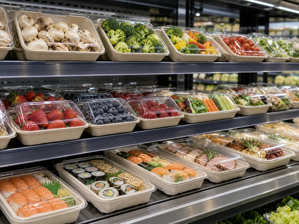 The supermarket's fresh food section uses sugarcane pulp trays to display fruit and sushi.webp