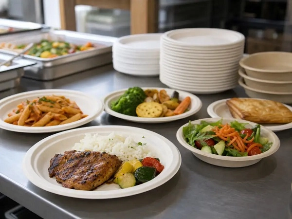 Disposable sugarcane fiber plates and bowls used at buffets.webp